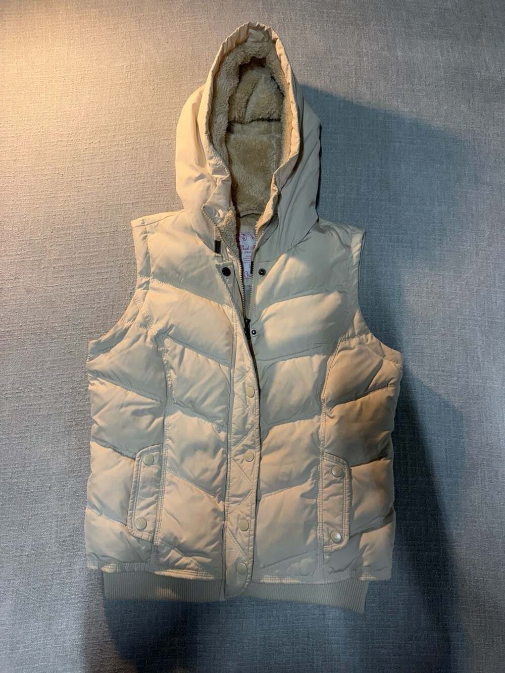 Duck Head Jeans Co. Women's Beige Puffer Vest with Faux Fur Hood Size S